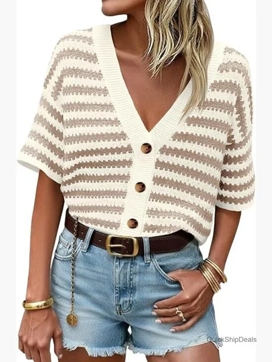 Crochet Knit Cardigan Sweater Short Sleeve V-Neck Button Down - Picture 1 of 7